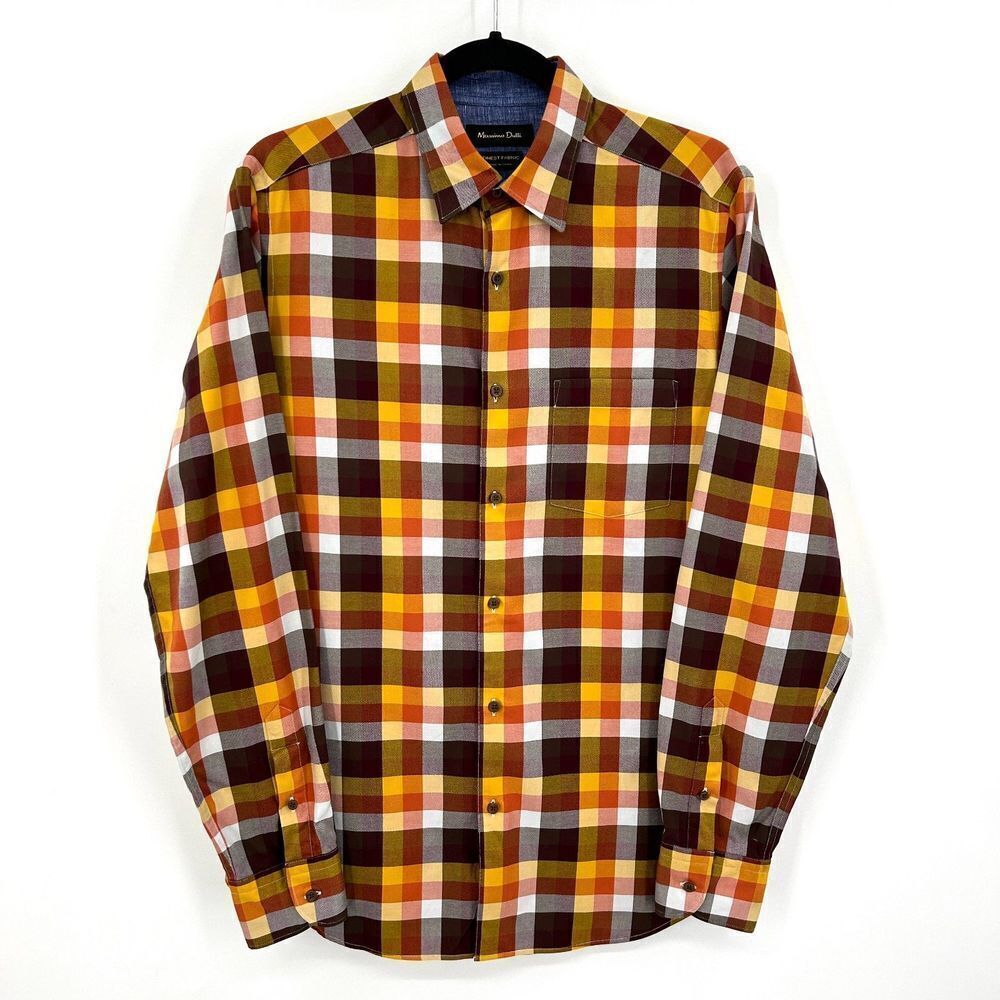 MASSIMO DUTTI Men's Brown Yellow Plaid 100% Cotton Button Up Shirt Size Small